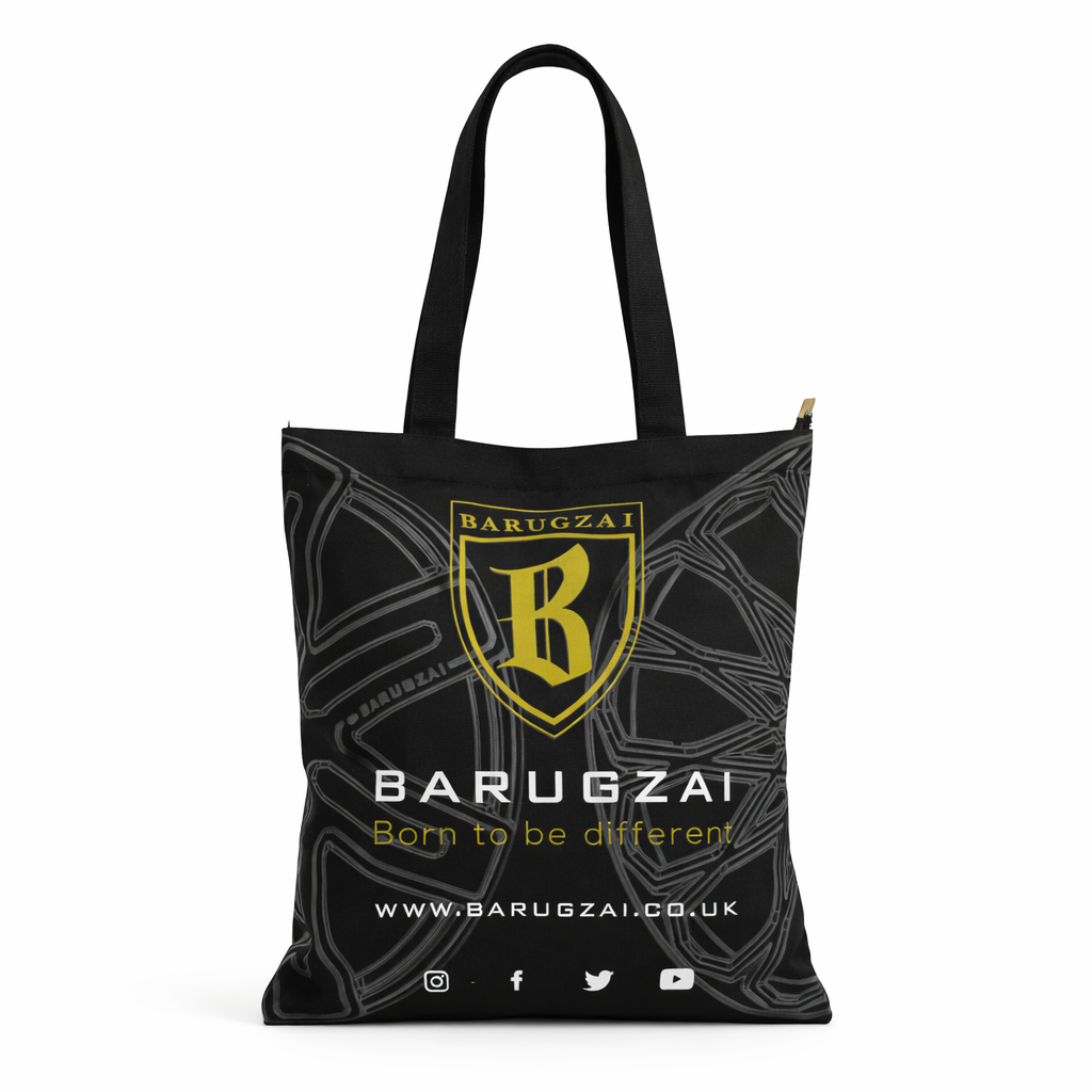 Black tote bag with yellow logo and text on a white background.
