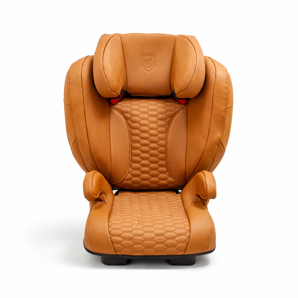 Brown leather car seat with quilted pattern on a white background