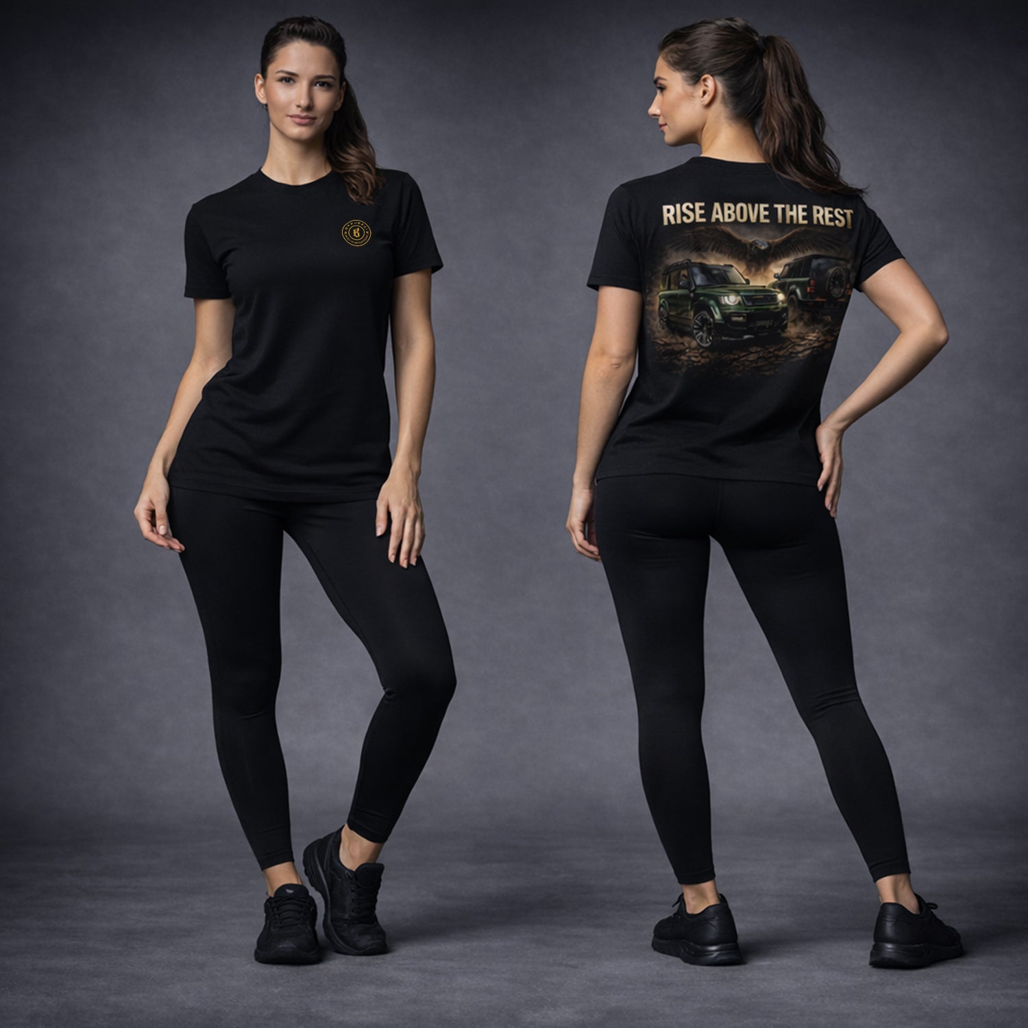 Front and Rear View of the female Tshirt of the rise above the rest green defender Tshirt in a studio shoot. 