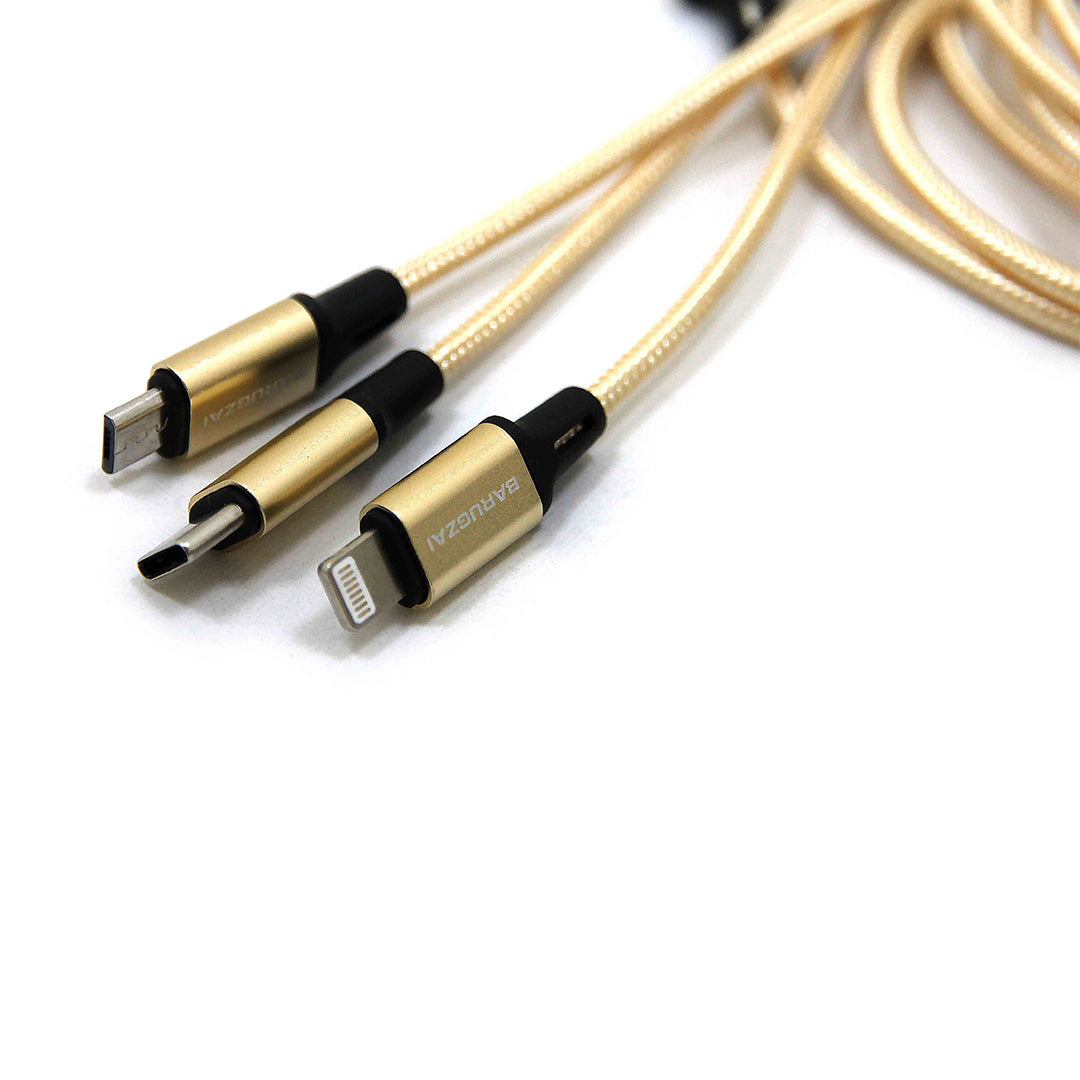 Three gold-coloured cables with different connectors on a white background.