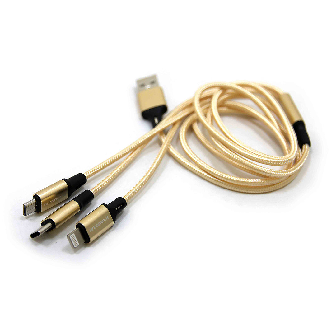 Multi-device charging cable with different connectors on a white background.