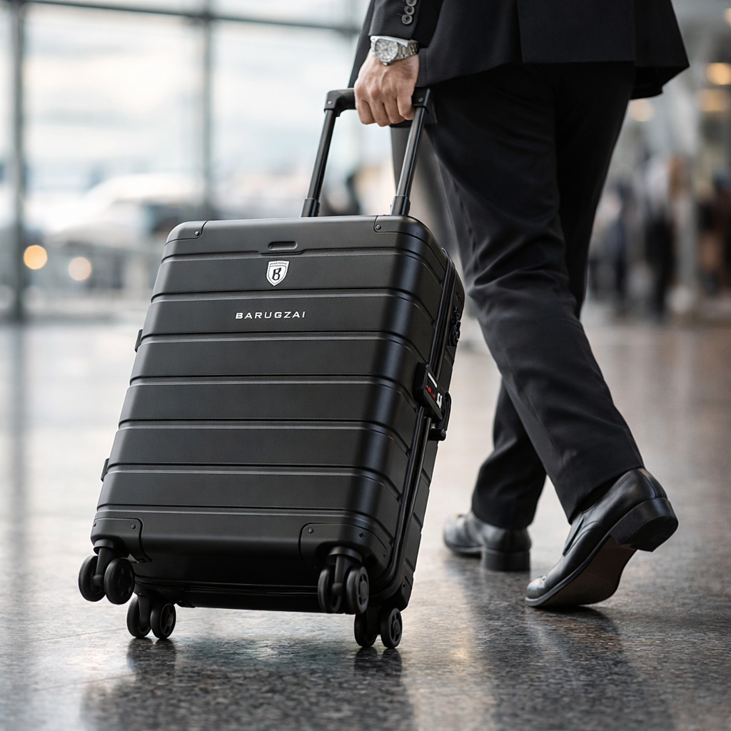 Person pulling a black suitcase with 'Barugzai' branding in an indoor setting.