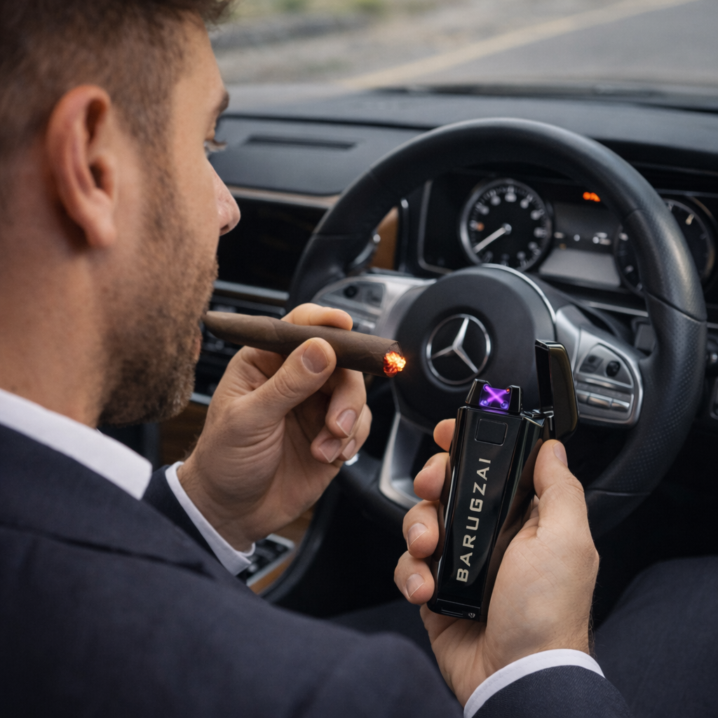 Black E-lighter lit with the man holding a cuban cigar on the left seat. Handing the cigar to the right seat. The car is a G Wagon. 