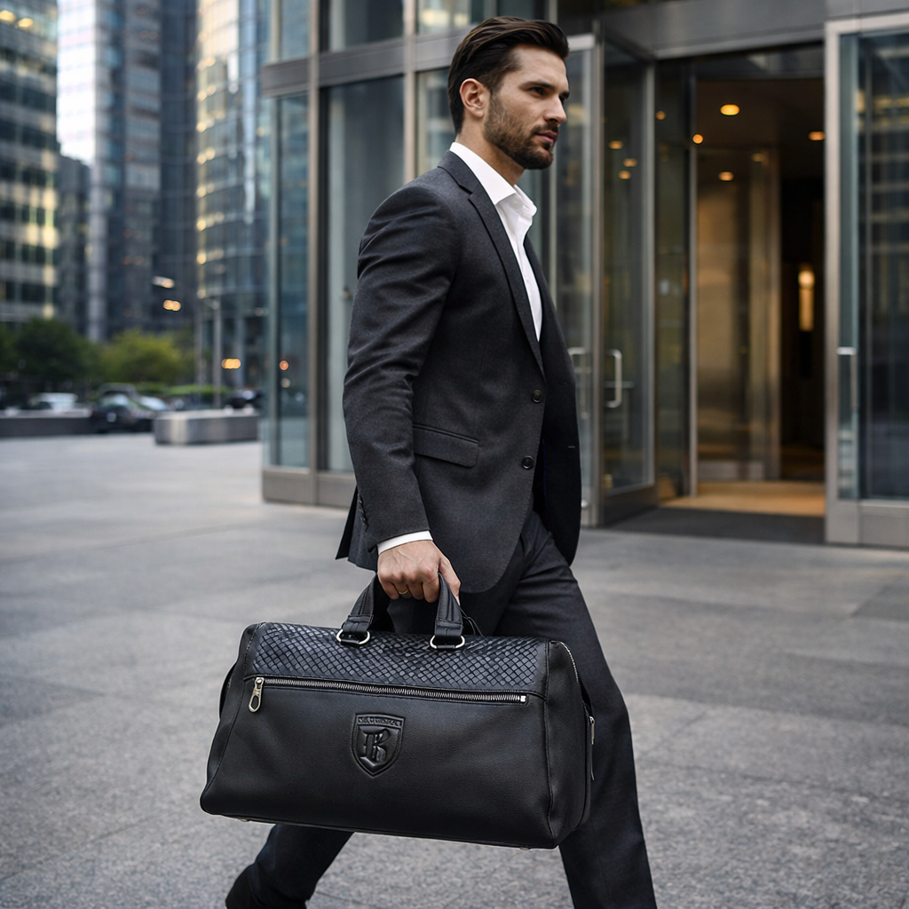 Man in a suit walking with a black barugzai leather bag in an urban setting