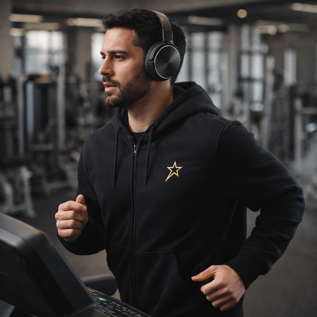 Male Running on a treadmill with barugzai headphones while wearing the Barugzai zipped hoodie. 
