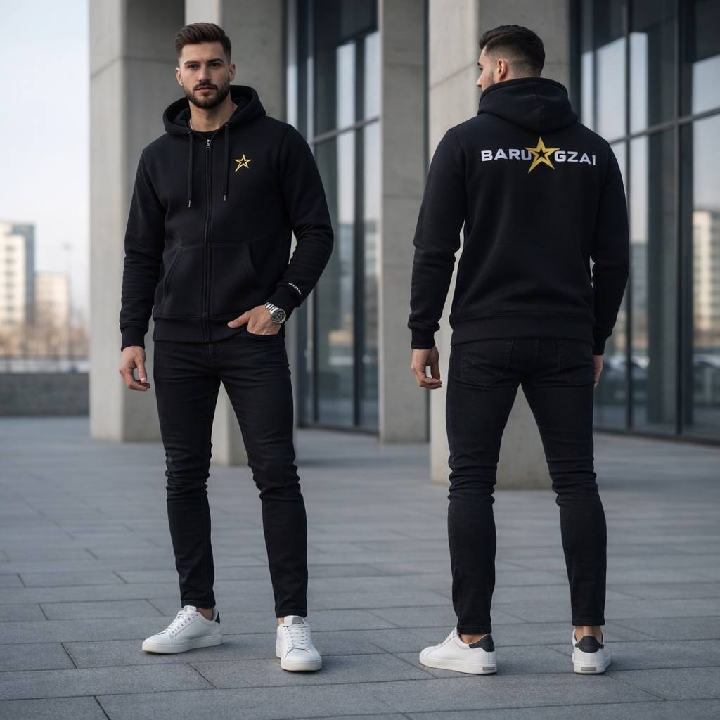 Man wearing a black hoodie with branding, standing in front of a modern building.