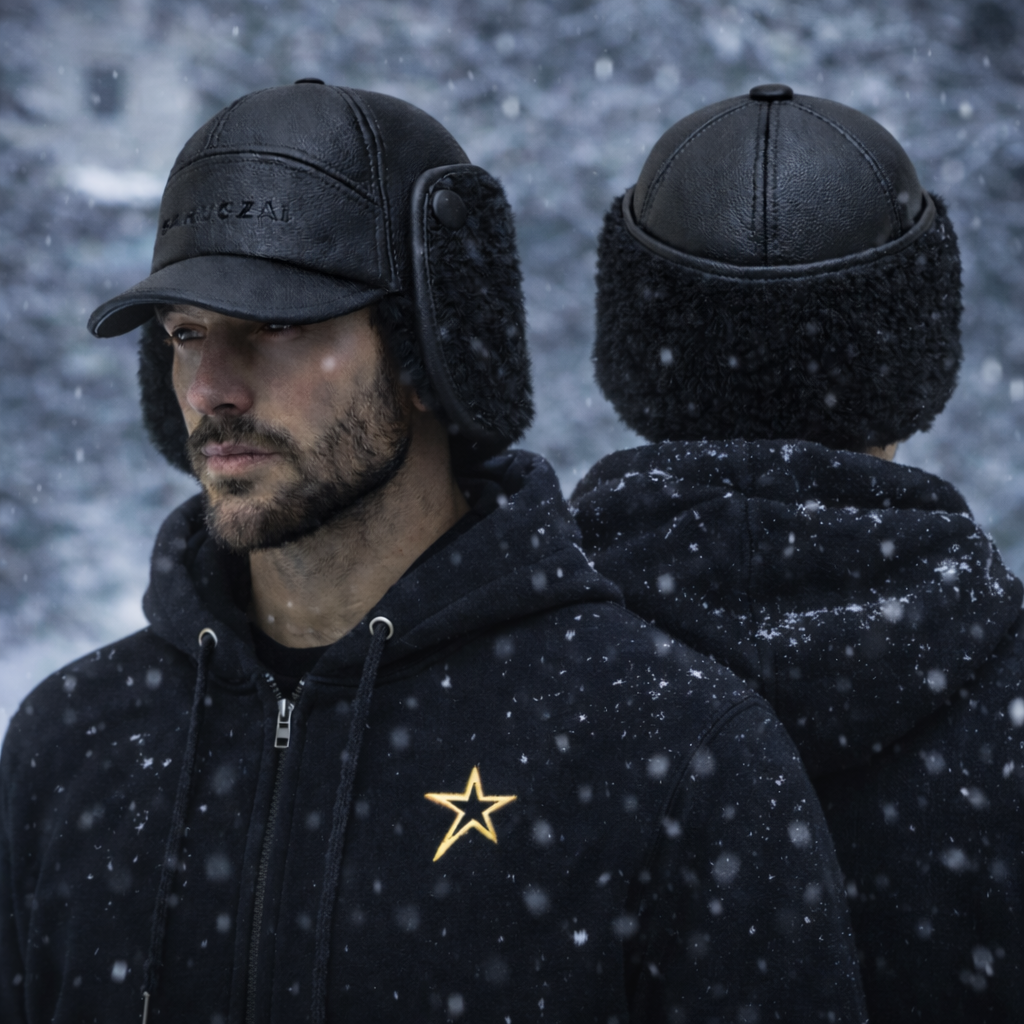 Man wearing a black leather hat with ear flaps and a dark jacket with a star emblem in a snowy setting.
