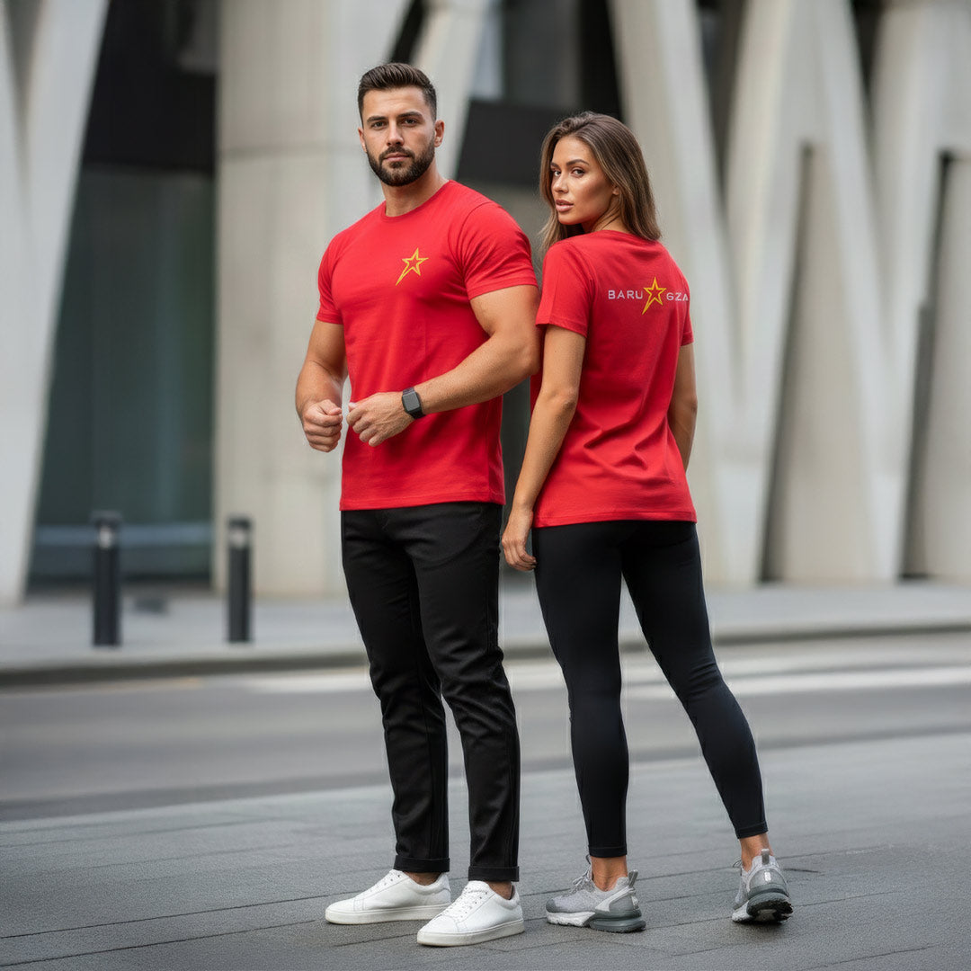 Male and female wearing Barugzai Essentials B-Star lightweight t shirts in the red color. 