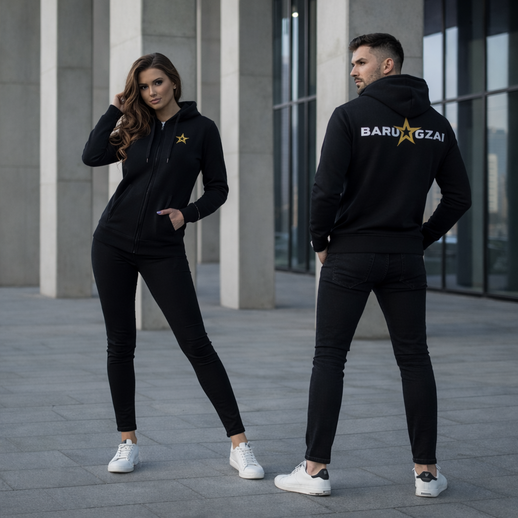 Male and Female version hoodie with thick text zipped with the barugzai thick text with the trademark logo in the center. 