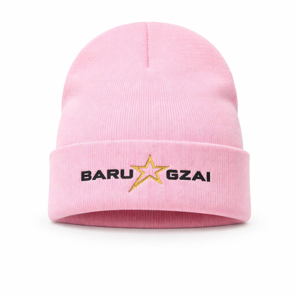 Pink beanie with 'BARU GZAI' logo on a white background