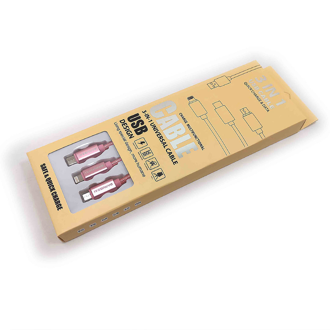 Box of pink 3-in-1 USB cables with clear window on a white background.