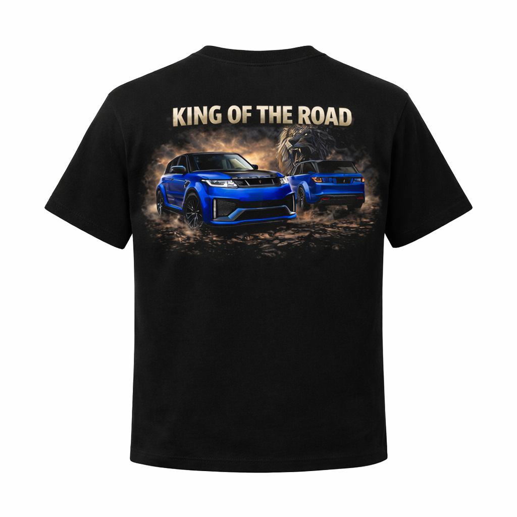 Black t-shirt with 'King of the Road' text and car graphics on a white background