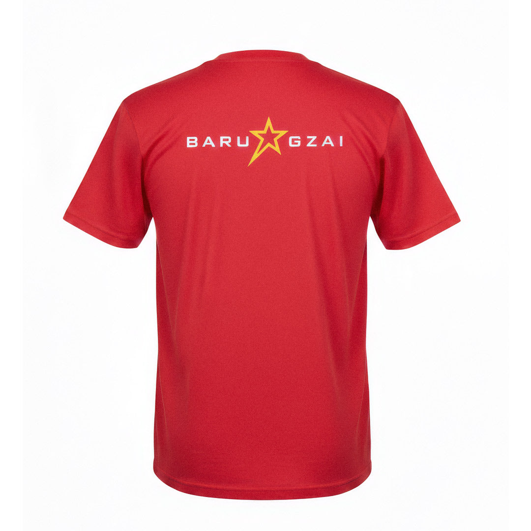 Barugzai Essentials B-Star red t shirt rear Barugzai wordmark with a white background. 
