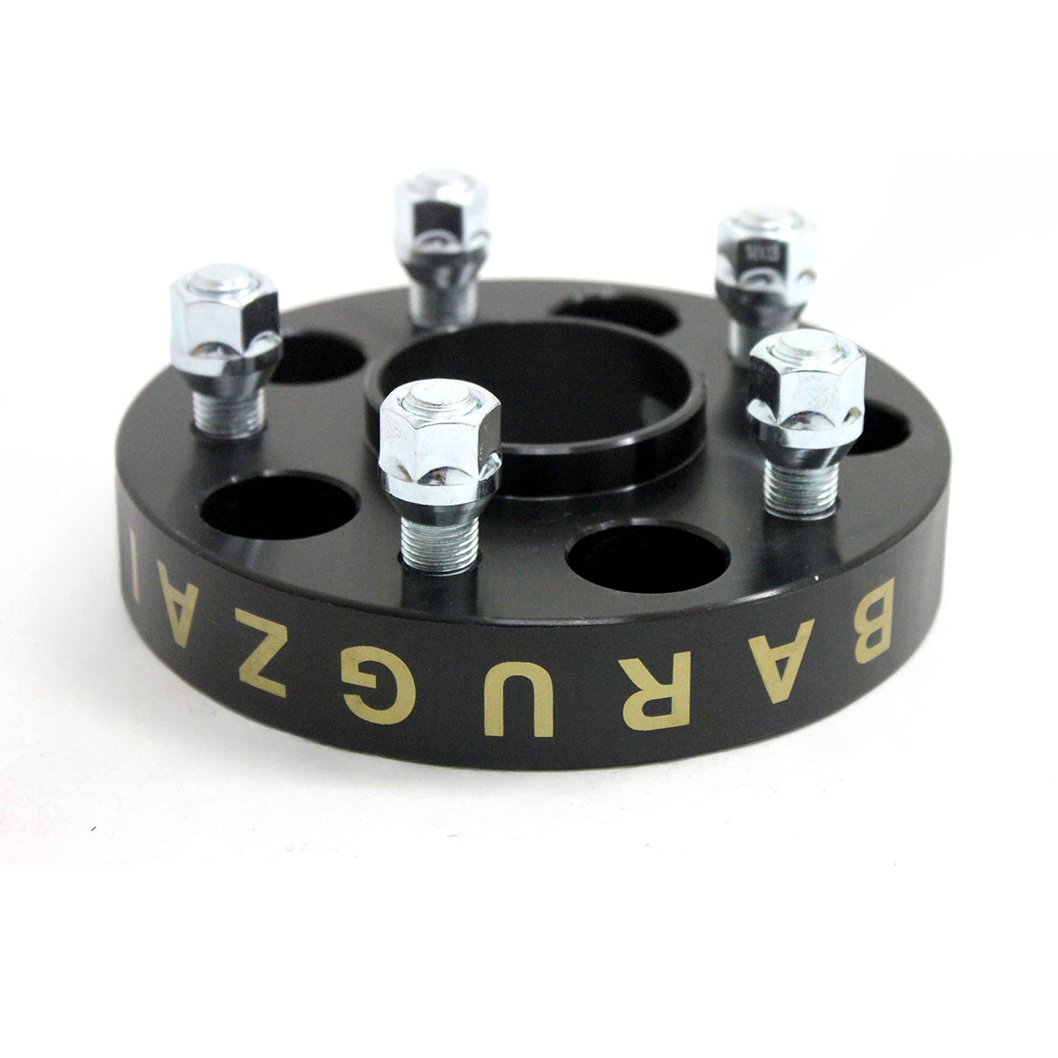 Black 25MM wheel spacer with silver bolts and 'Barugzai' branding on a white background.