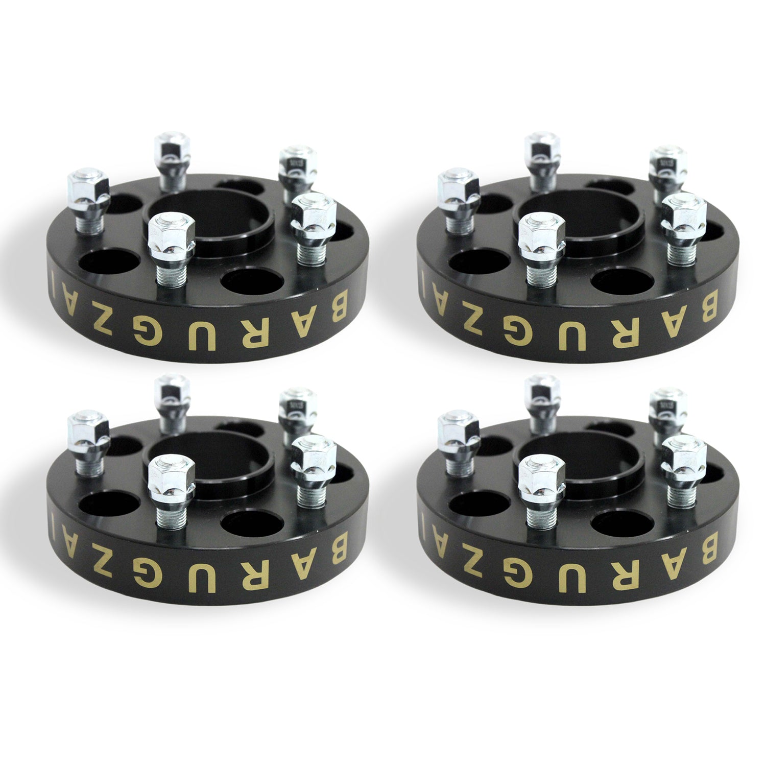 Four black 25MM wheel spacers with gold 'Barugzai' branding on a white background