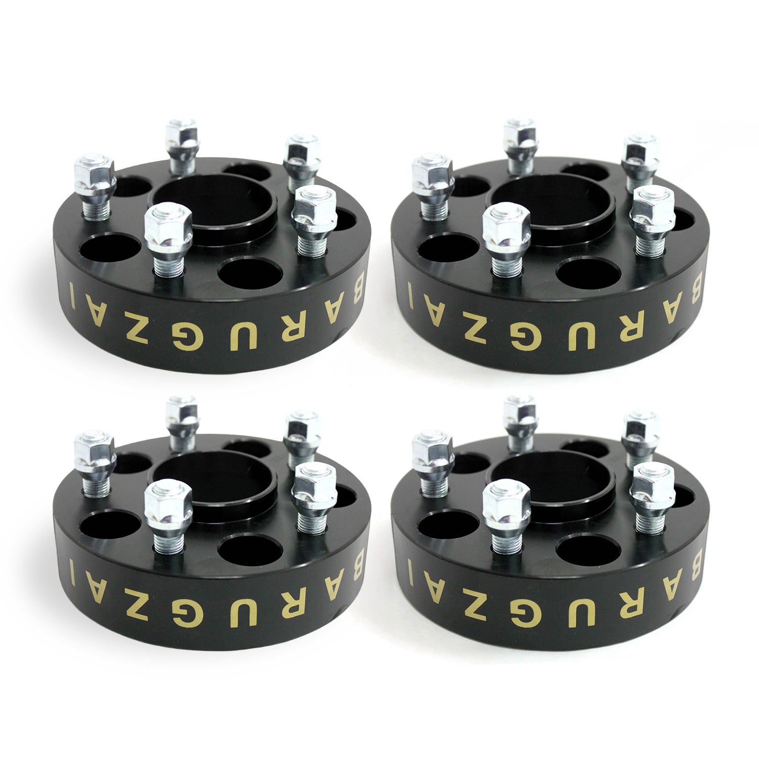 Four black 40MM wheel spacers with gold branding on a white background.