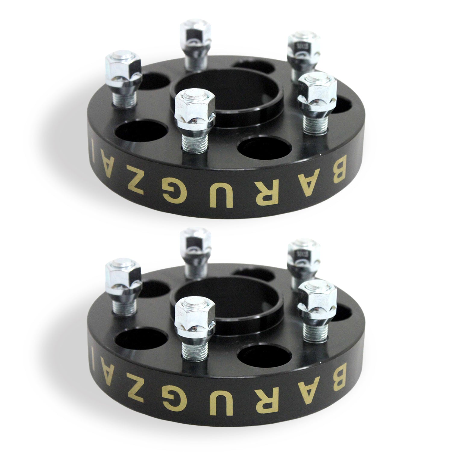 Two black 20MM wheel spacers with gold 'BARUGZAI' branding on a white background
