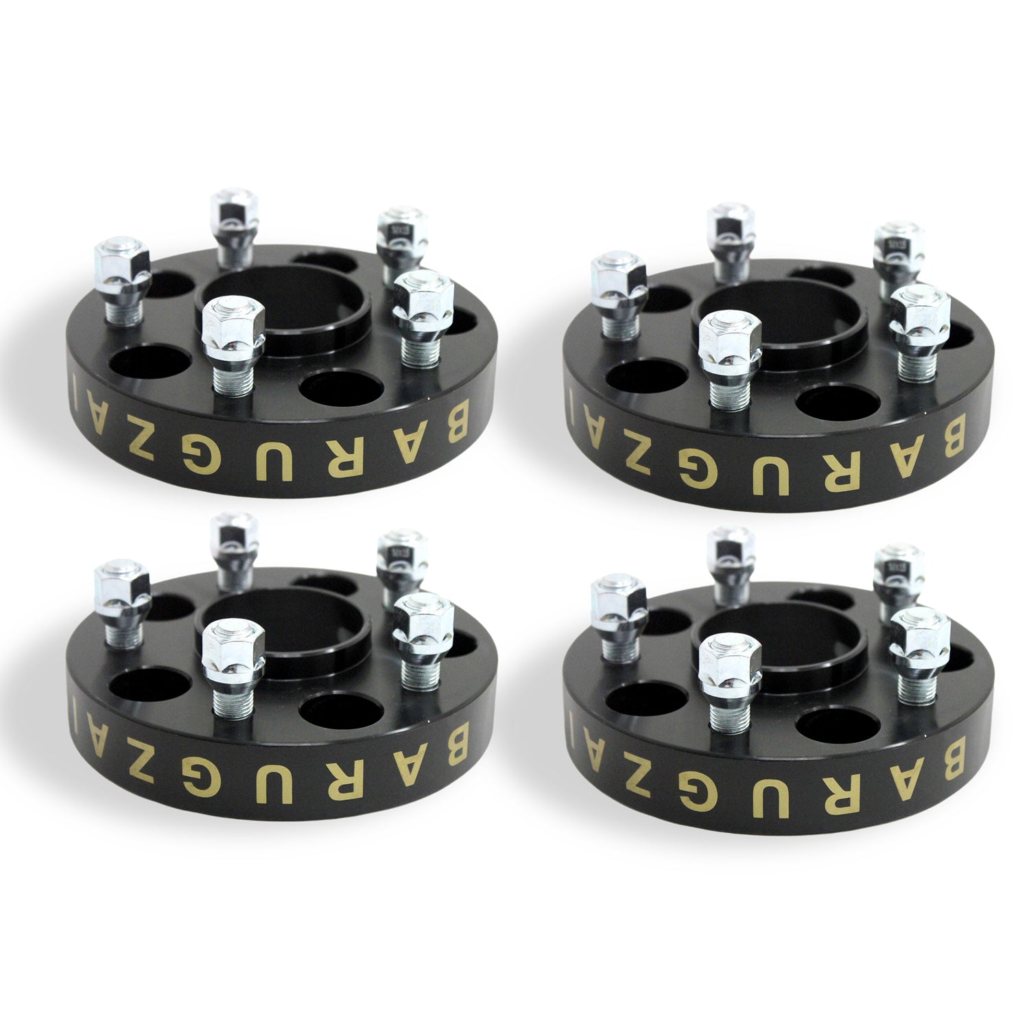 Four 20MM black wheel spacers with 'Barugzai' branding on a white background