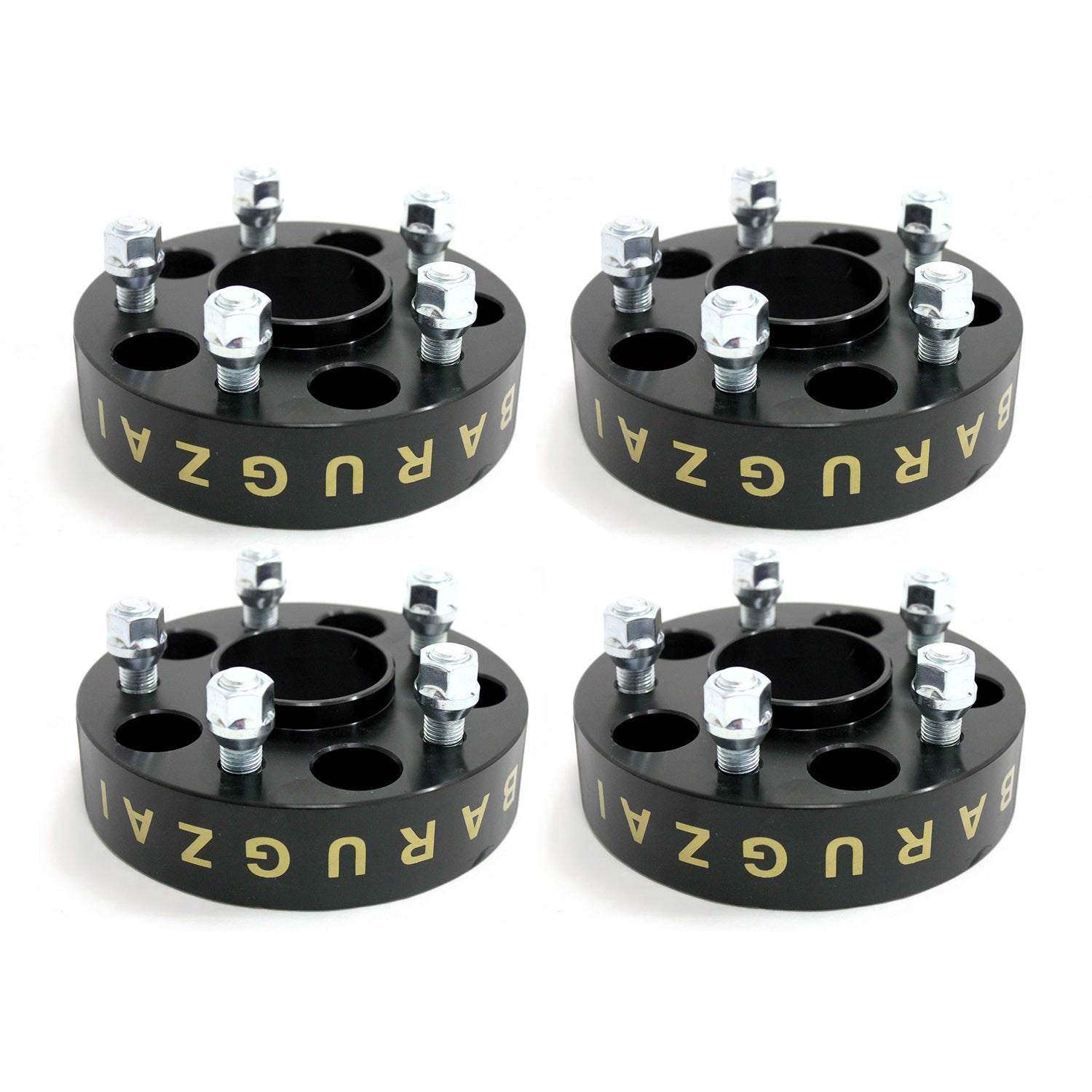 Four black 30MM wheel spacers with gold 'Barugzai' branding on a white background