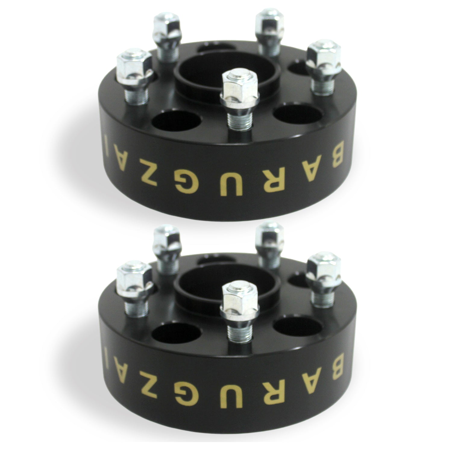 Two black 50MM wheel spacers with gold 'Barugzai' branding on a white background.