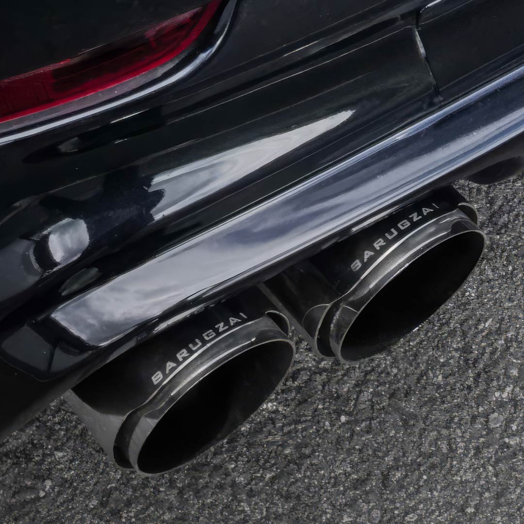 Barugzai stainless steel twin-style exhaust tips installed on vehicle rear