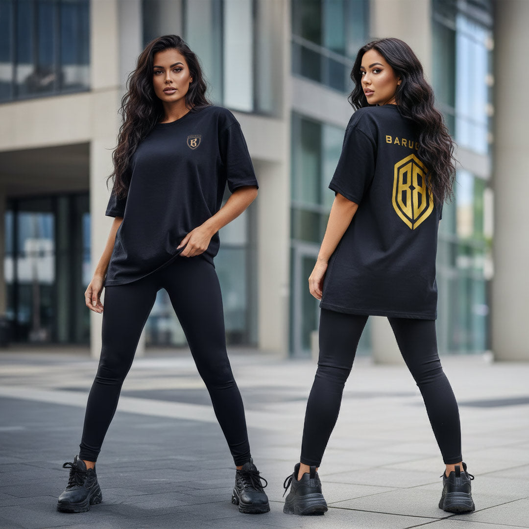 Female model wearing Barugzai Monolith Crest black 220gsm streetwear t-shirt