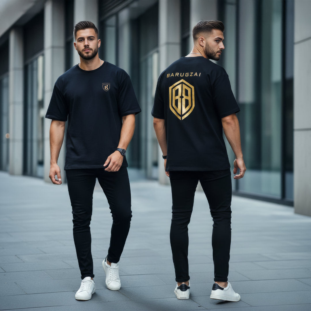 Male model wearing Barugzai Monolith Crest black heavyweight streetwear t-shirt urban setting