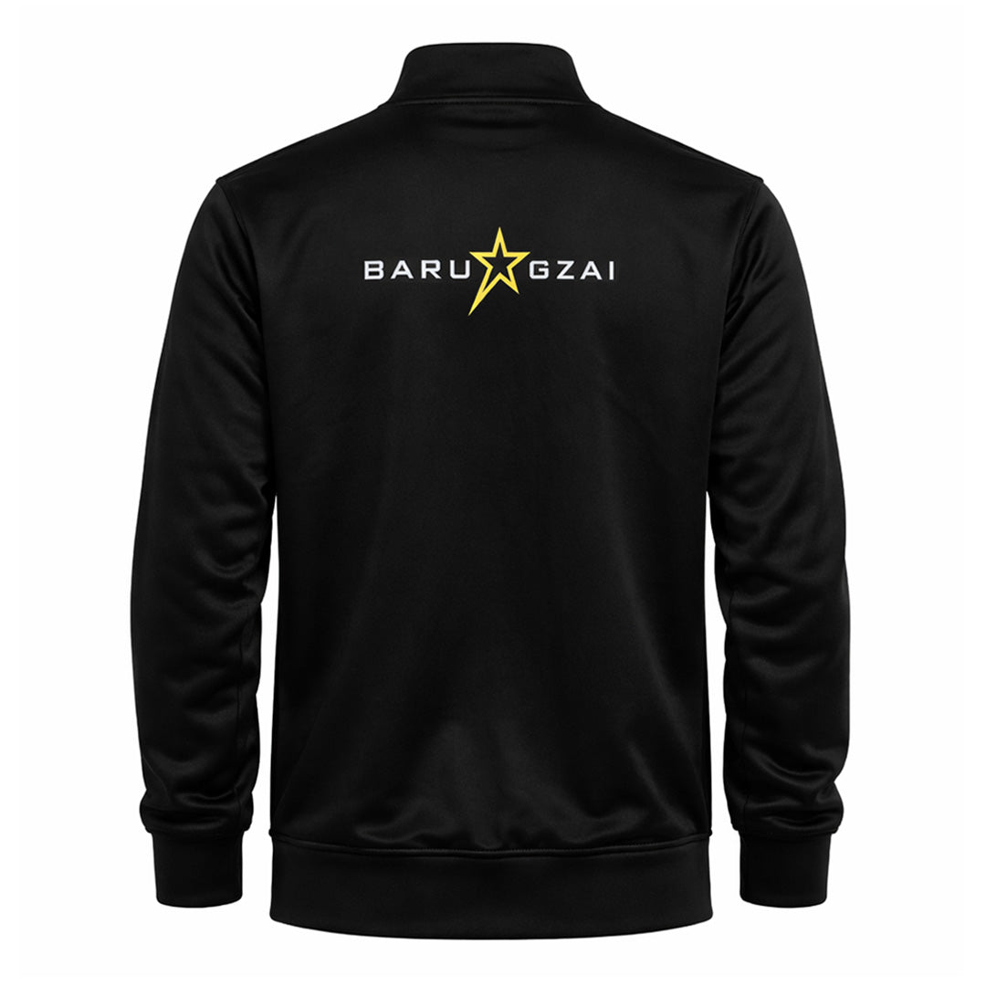 Black jacket with 'BARUGZAI'  Gold yellow logo on the back against a white background. 