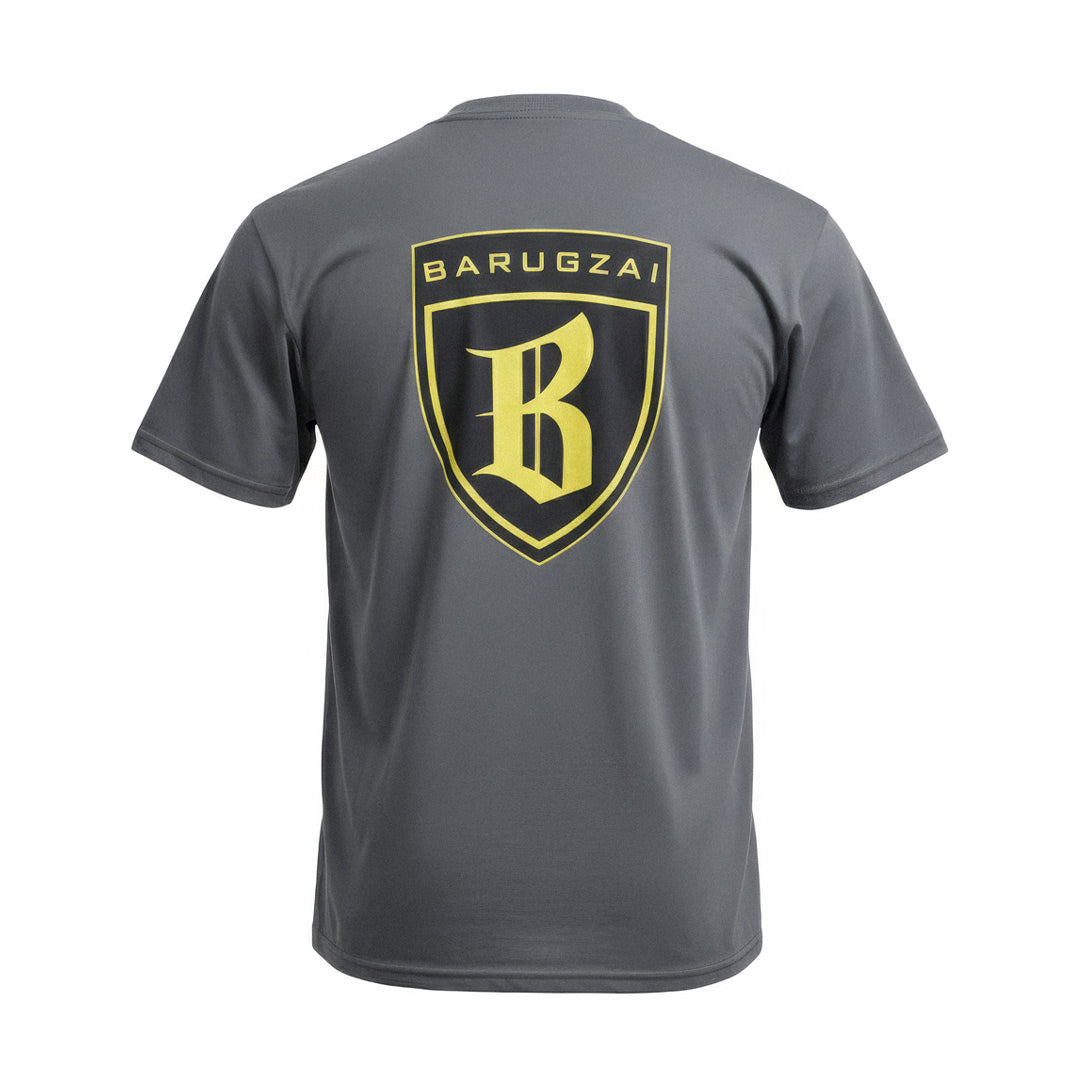 Gray t-shirt with a yellow and black barugzai logo on the back against a white background