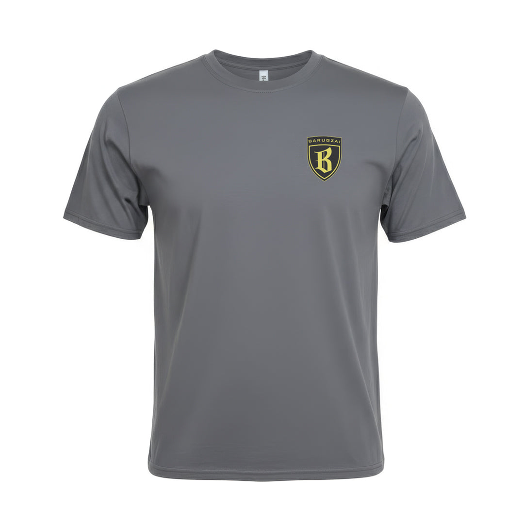 Gray barugzai t-shirt with a yellow and black logo on a white background