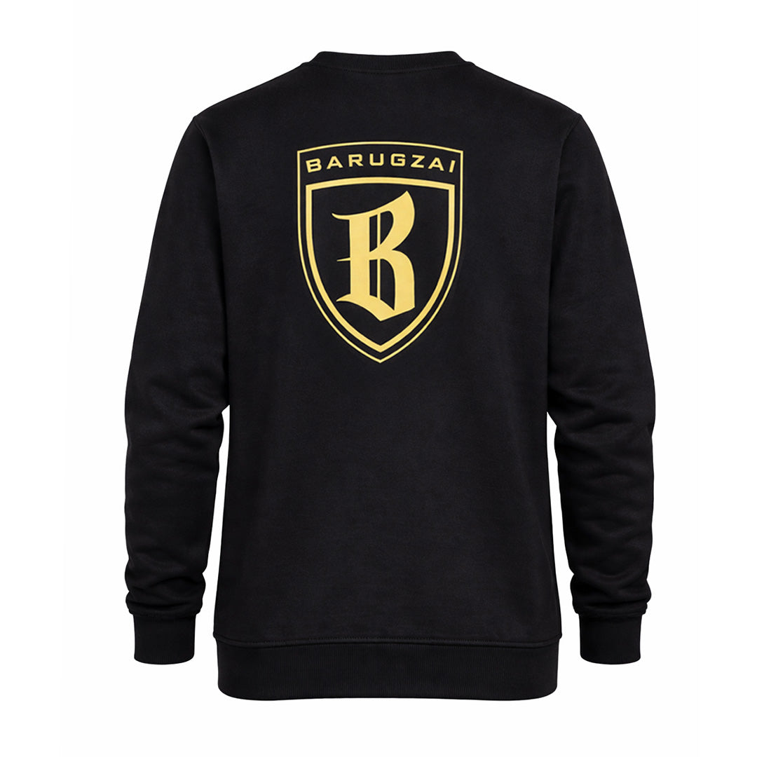 Black sweatshirt with gold barugzai logo on a white background