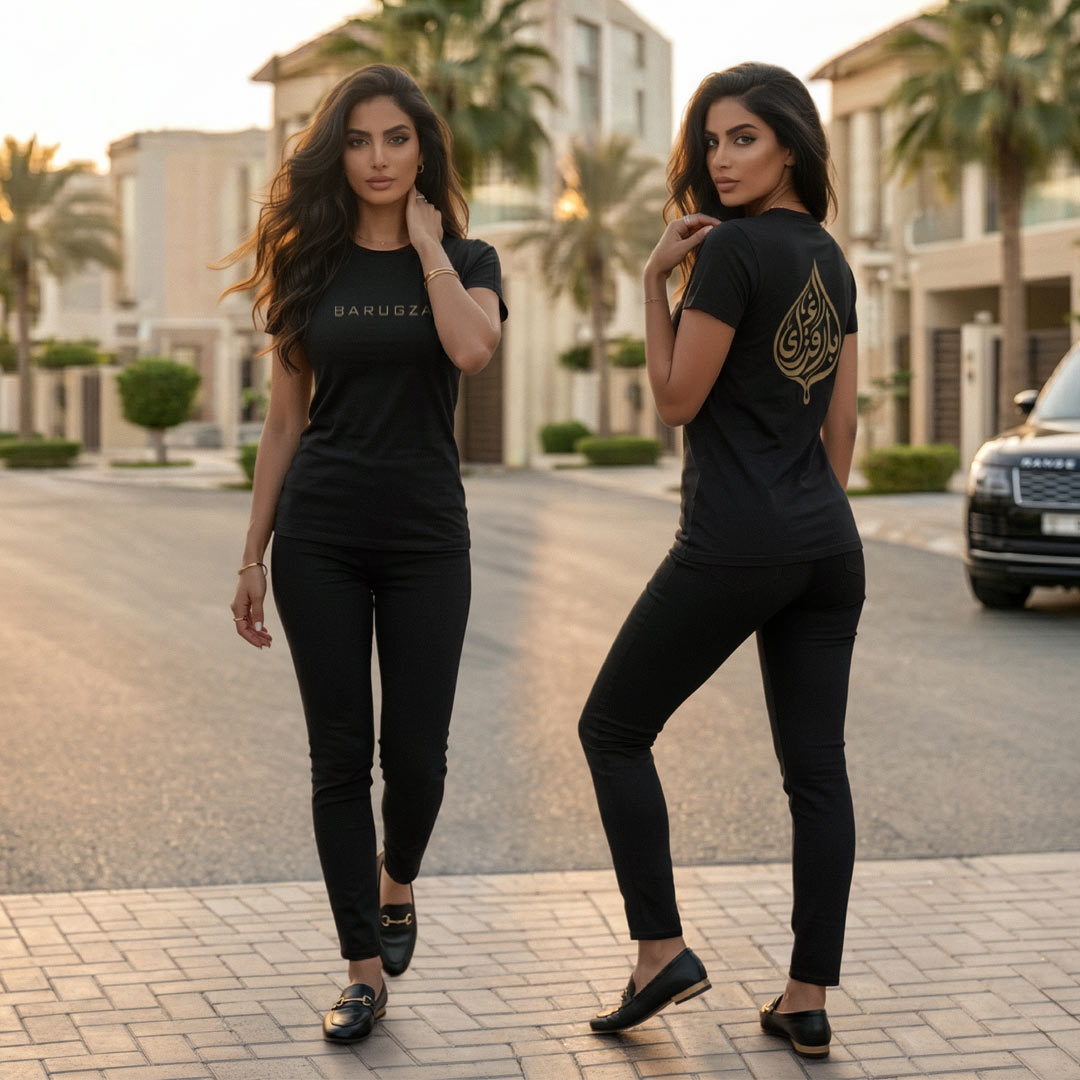Barugzai Arabic capsule t-shirt worn by female model front and rear