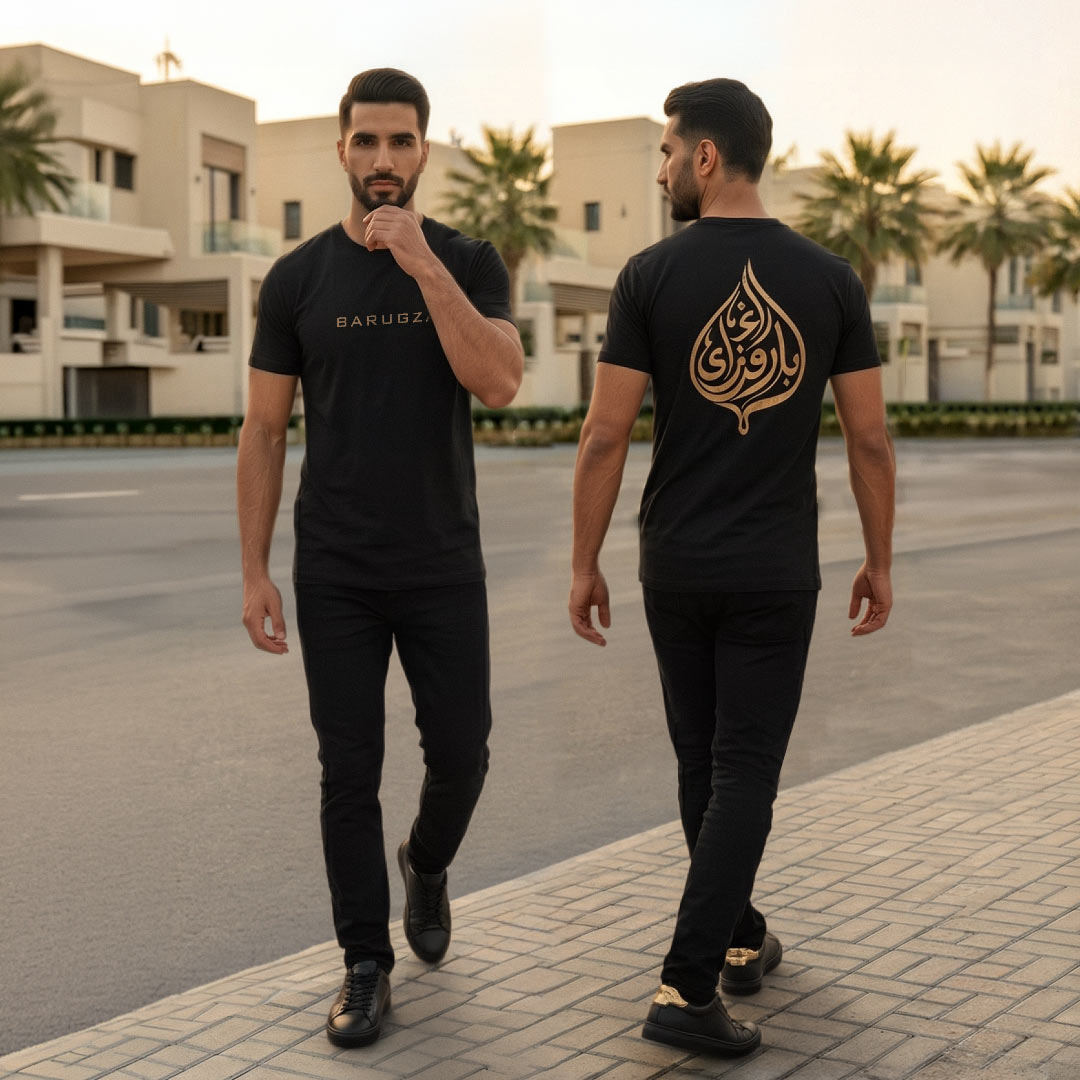 Barugzai Arabic capsule t-shirt worn by male model front and rear view