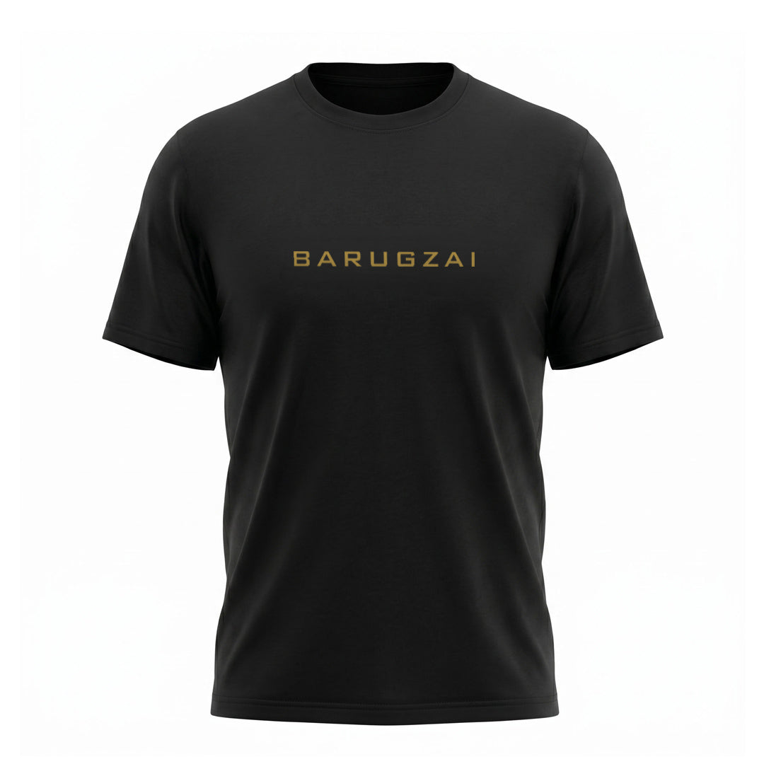 Barugzai black t-shirt with gold logo front view