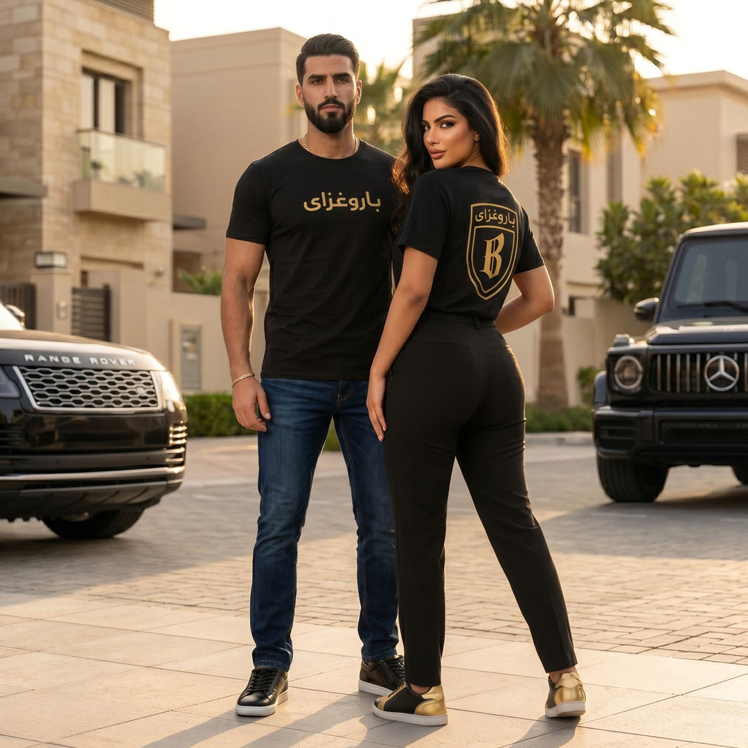 Barugzai Arabic capsule shield t-shirt worn by male and female models