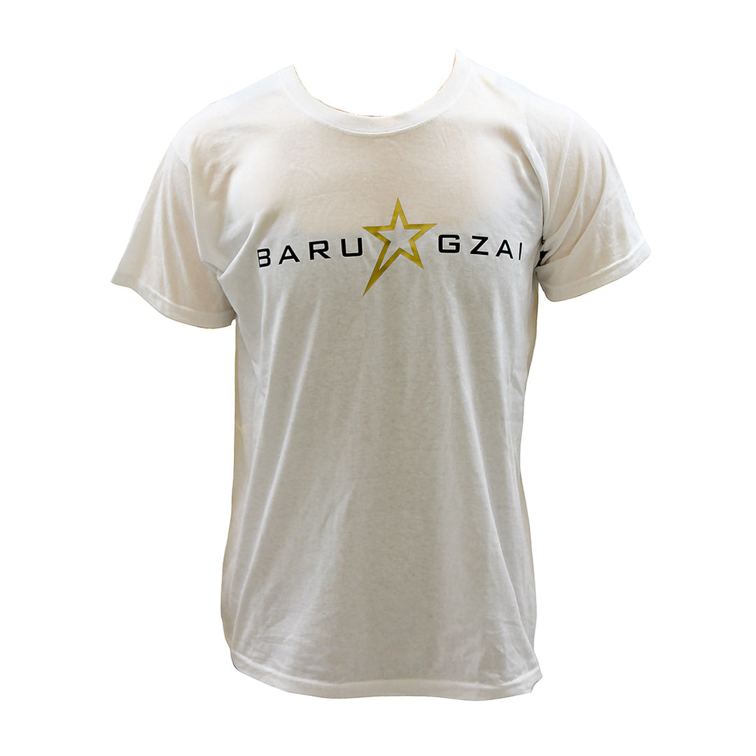 Barugzai B-Star unisex white T-shirt front view with gold star logo