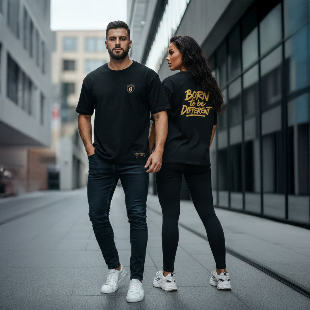 Male and female wearing Barugzai Born to be Different Signature black streetwear t-shirt urban lifestyle