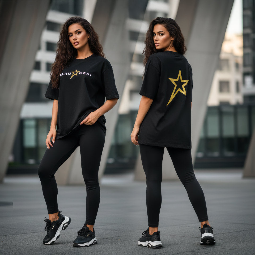 Female model wearing Barugzai B-Star black streetwear t-shirt 220gsm urban fashion