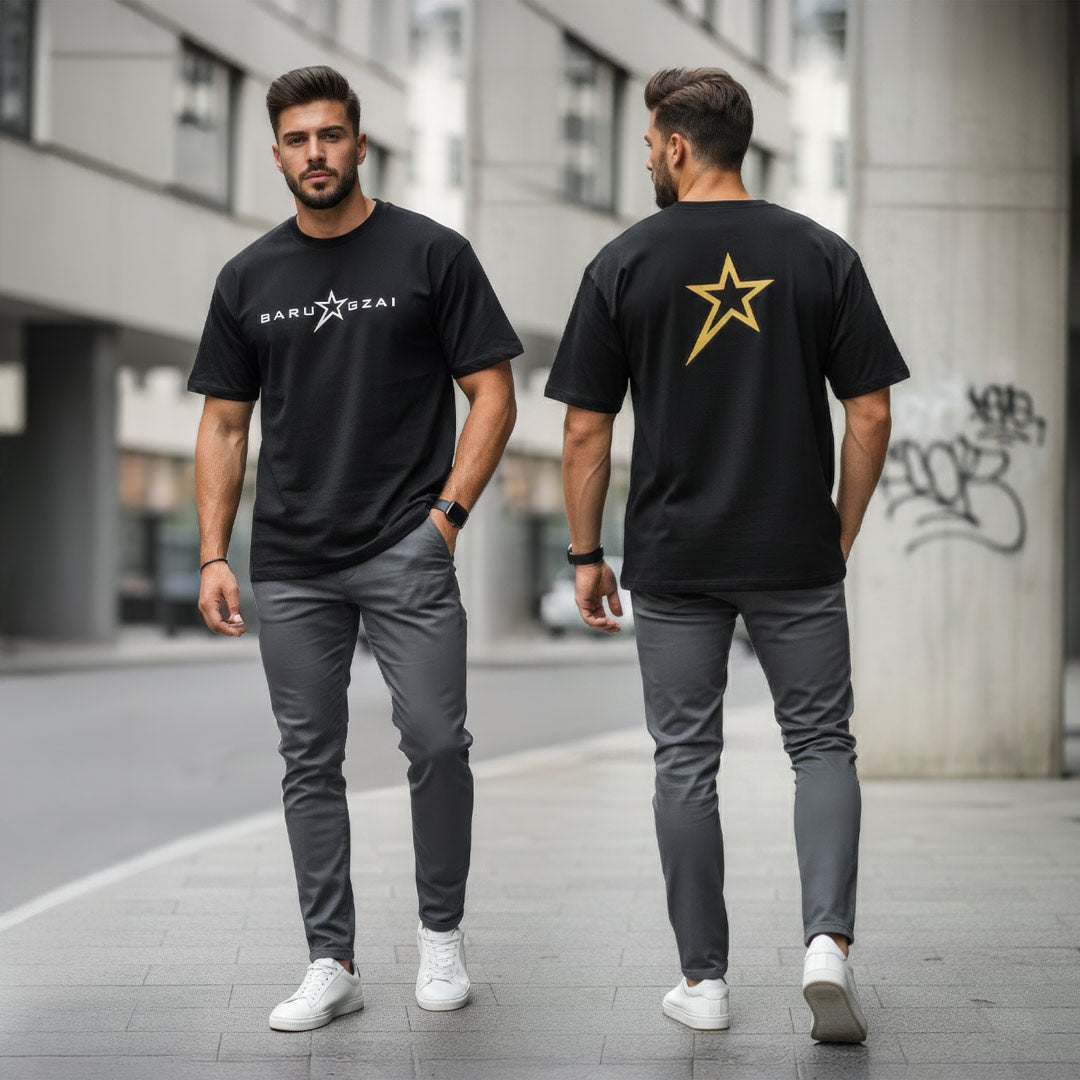 Male model wearing Barugzai B-Star black heavyweight streetwear t-shirt urban setting