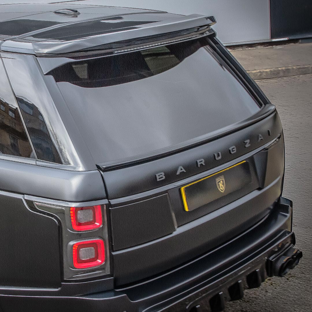 Roof spoiler and tailgate branding detail of the Satin Grey Bison II Wide, emphasising the Barugzai signature touch.