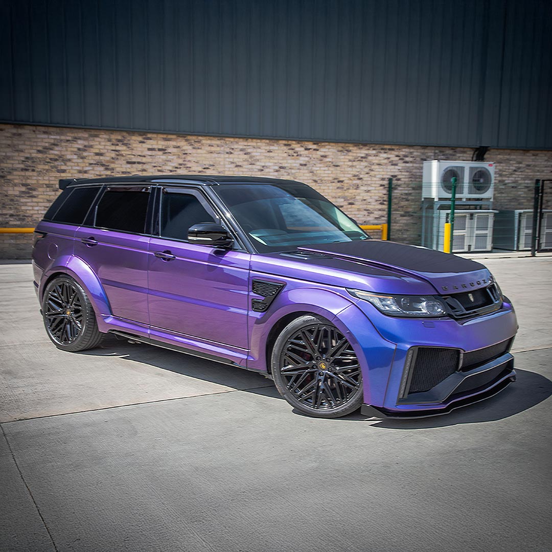 Purple Range Rover Sport Cabaro I Bodykit front quarter long view showing strong stance and lion-inspired styling.