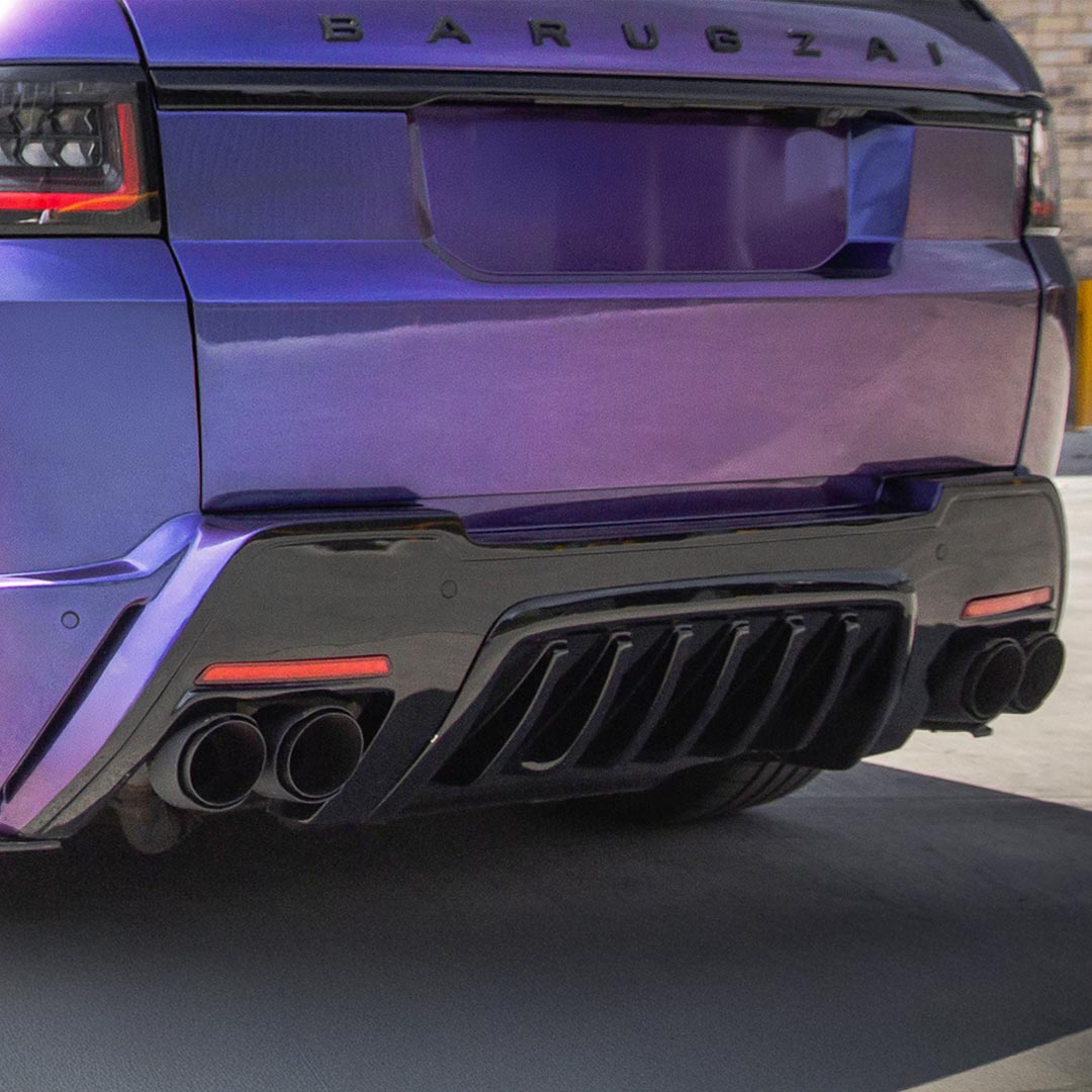 Rear diffuser detail showing sculpted fins and high-performance styling by Barugzai.