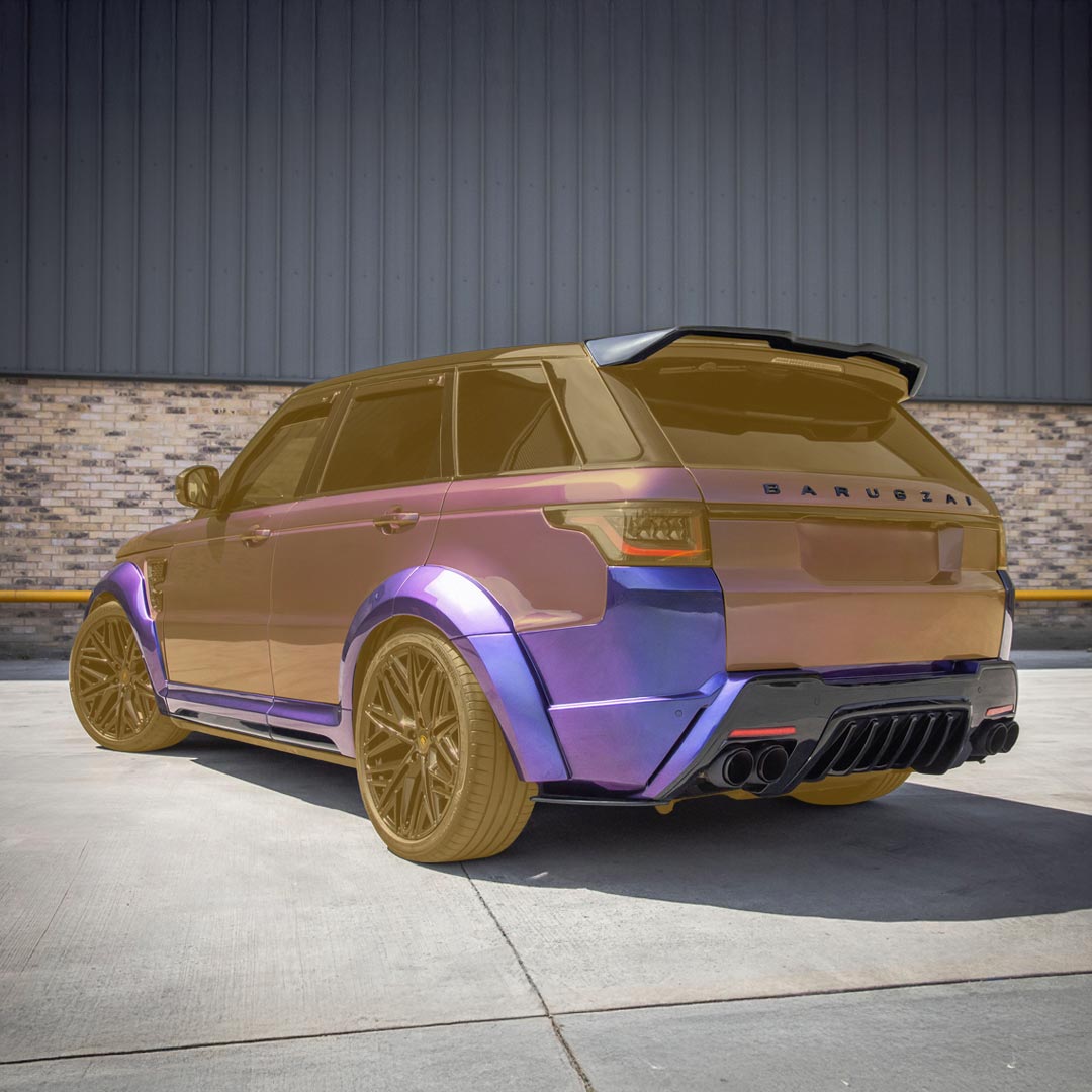 Purple Rear quarter view featuring wide stance, rear apron, and tailgate spoiler details, components reveal