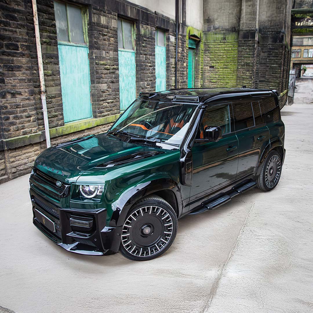 Green Land Rover Defender 110 Falcon Body Kit – Front Quarter Hero Long View