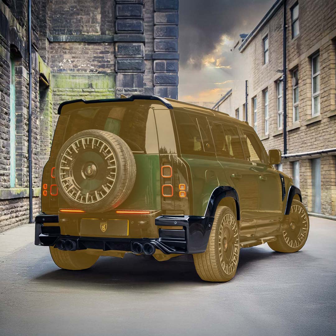 Green Land Rover Defender Falcon Body Kit – Rear Quarter Hero Angle, components revealed