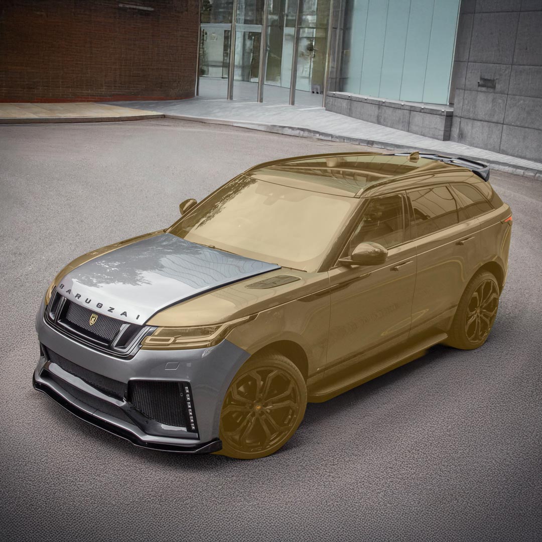 Grey Barugzai Huntress Bodykit parts overlay highlighting front bumper, side skirts, and rear diffuser details.