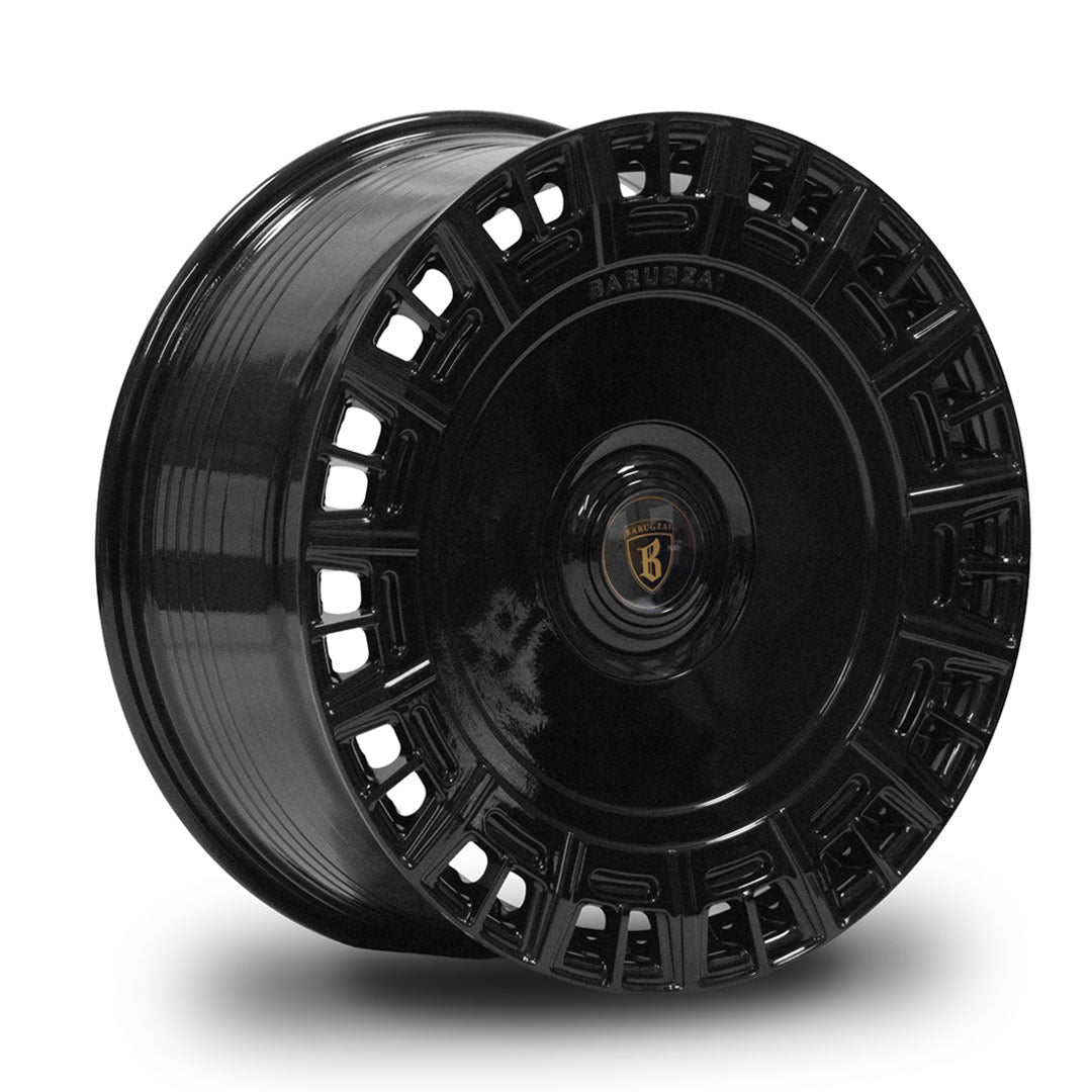 Angled view of Barugzai Monoblok 22 inch alloy wheel in gloss black finish