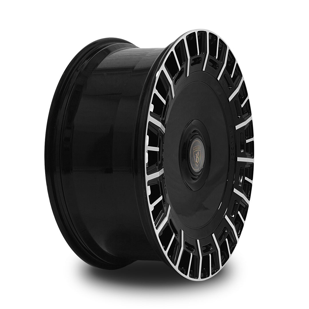 Deep profile view of Barugzai Monoblok 22 inch wheel showing gloss black and polished face finish