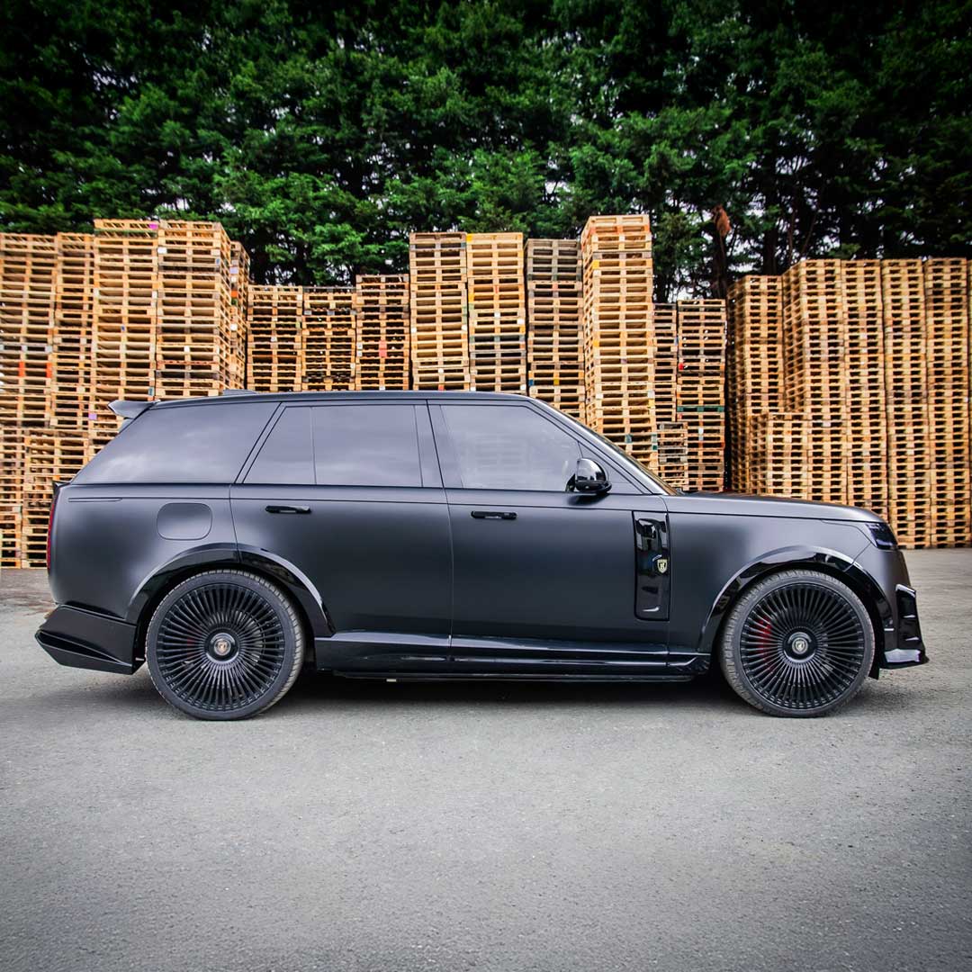 Black Range Rover L460 widebody side profile showcasing Barugzai Nebula extended arches and panels