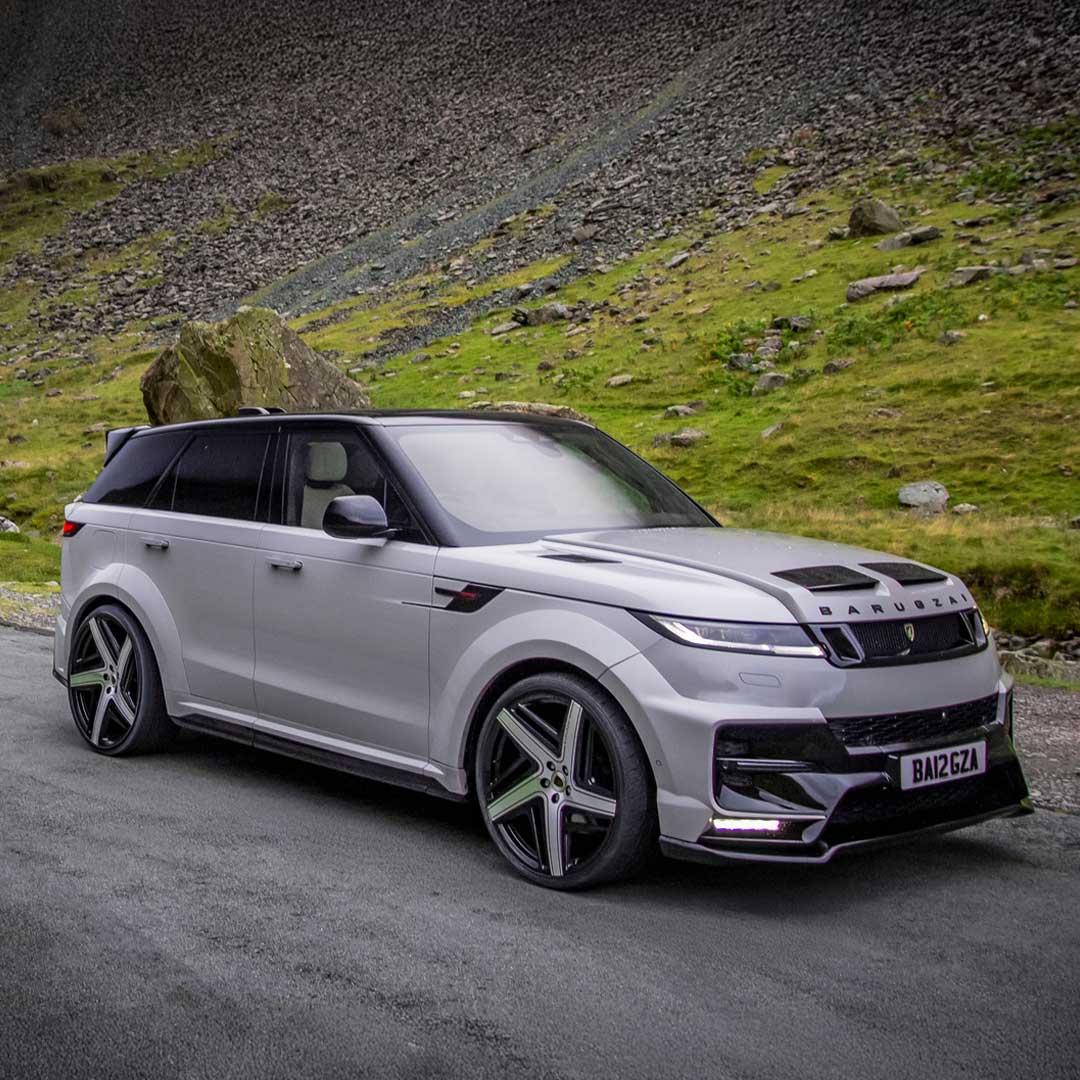 Nardo Grey Barugzai Raptor Body Kit on Range Rover Sport L461 – front quarter hero shot with wide arches